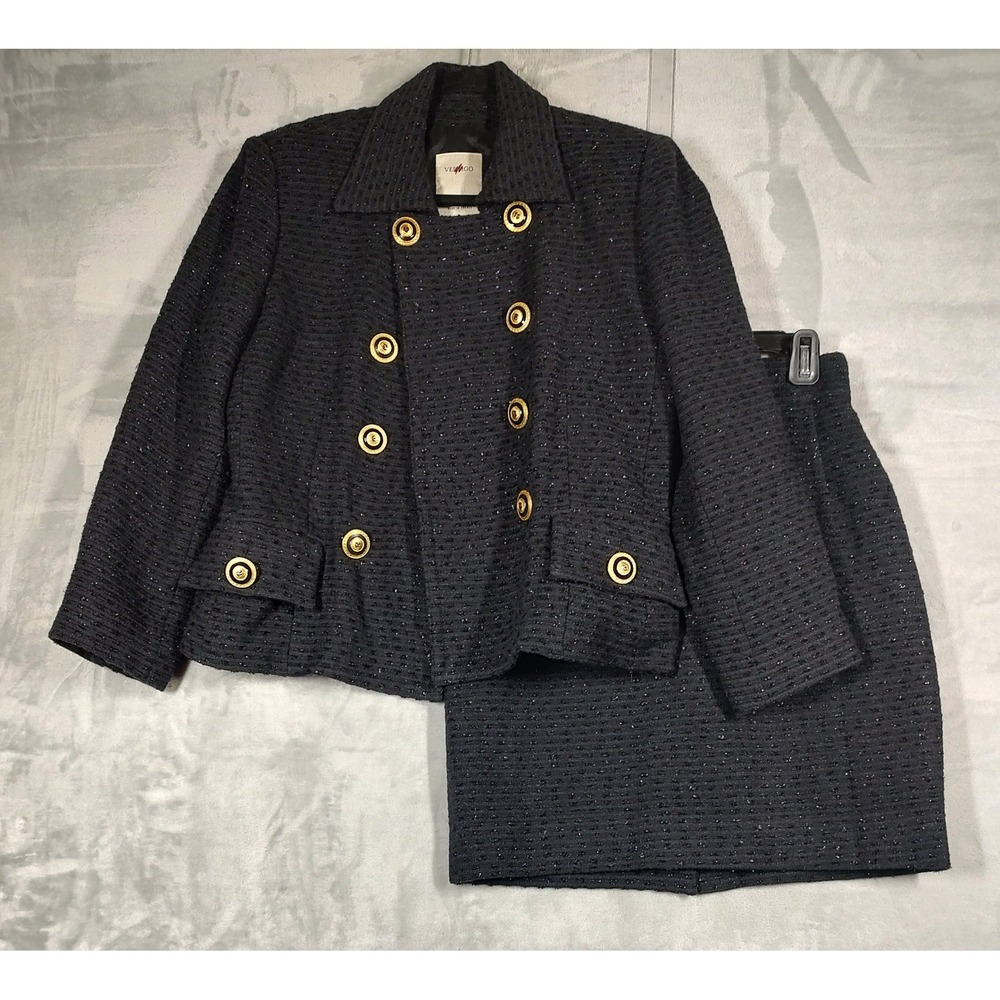 Vertigo Pour La Ville Paris Navy Wool Tweed Skirt Suit Gold Buttons France L 42